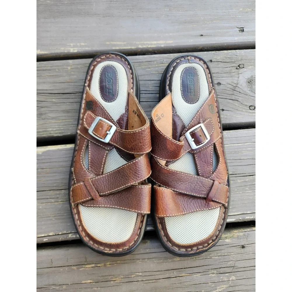 Born‎ Leather Slide Sandals Brown Buckle Strap Hand Crafted Mens 10 EU 42 W6032